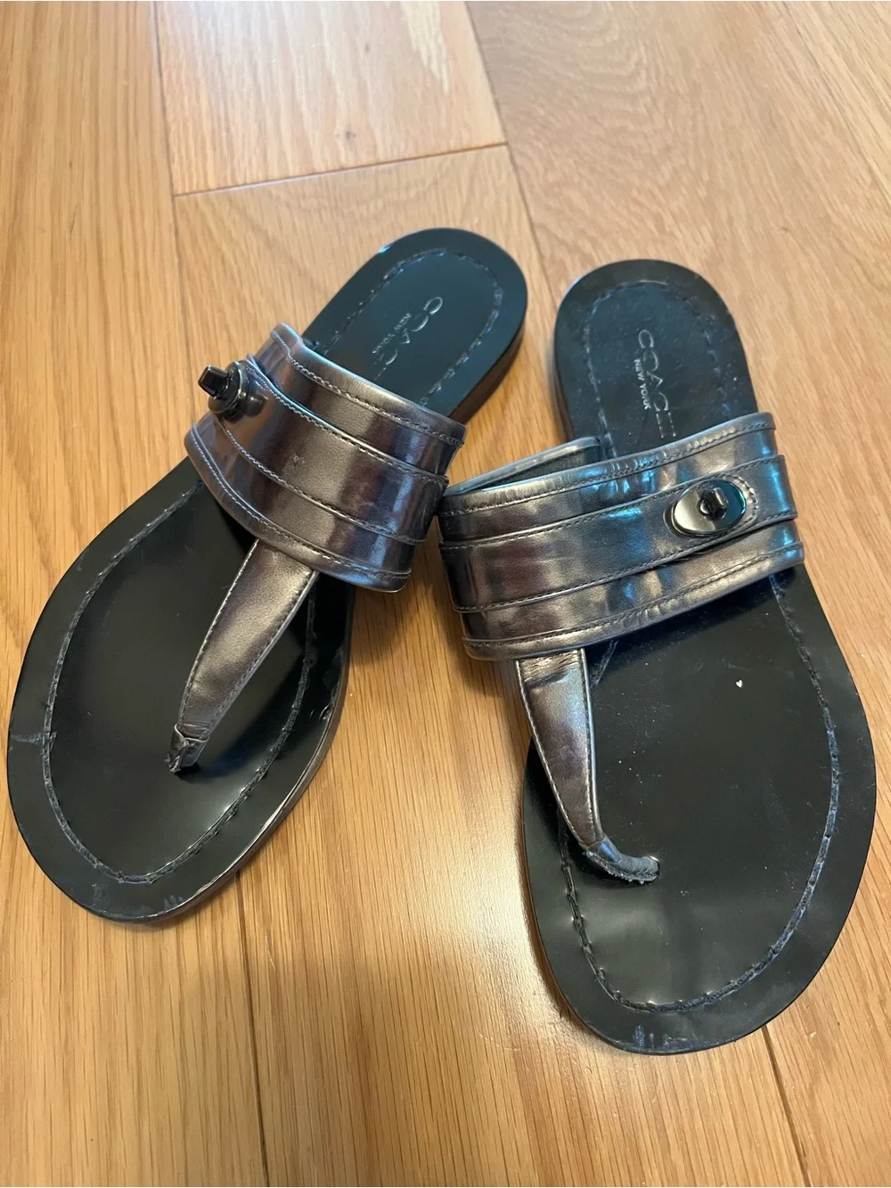 Coach Metallic Iridescent Leather Thong Sandals in Pewter Black